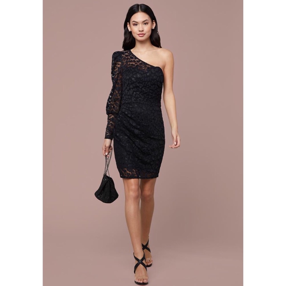 bebe Black One Shoulder Lace One Sleeve Dress